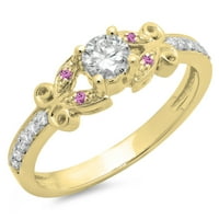 Kolekcija, zaručnički prsten u vintage stilu s ružičastim safirom i bijelim dijamantom od 14 karata, žuto zlato,