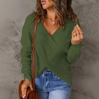 Ženski džemper s izrezom u obliku slova u, jednobojni pulover s dugim rukavima, casual vojni zeleni Pleteni gornji