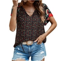 Smanjite žensku bluzu s kratkim rukavima casual boho crtanje v vrat t majice naklonjene cvjetne ljetne tunike