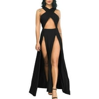 Ženska monokromatska modna seksi ležerna haljina na plaži bez rukava s prorezom, haljine s ramena za žene, crni;